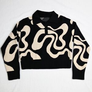 CIDER Abstract Knit‎ Polo Sweater M Black Cream Art to Wear Y2K Soft Quirky